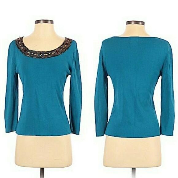 Ruby Rd. Sweater Fitted Stretch Beaded Jeweled Scoop Neck Turquoise Size S - Picture 1 of 11